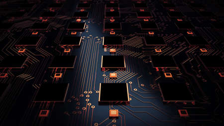 Abstract circuit board futuristic server code processing. Orange, gold, blue technology background with bokeh. 3d renderingの写真素材