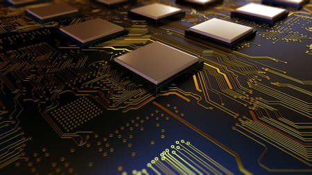 Circuit board futuristic server code processing. Orange, green, blue technology background with...