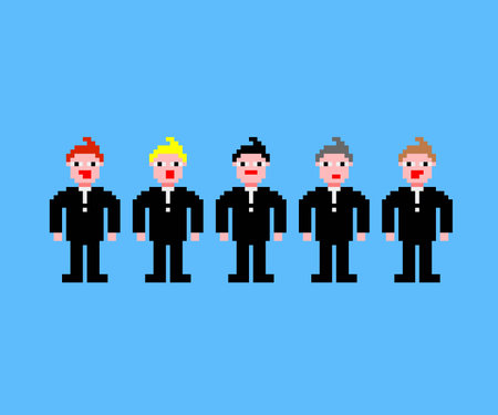 Pixel art with five bridegroom in black suit and different colours of hairのイラスト素材