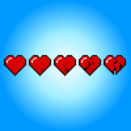 Pixel art with five red hearts on the gradient blue backgroundのイラスト素材
