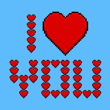 Pixel art greeting card with heart and banner I love youのイラスト素材