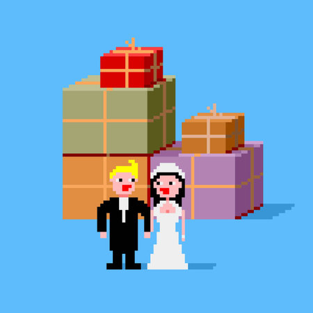 Married couple standing next to colourful gifts clipartのイラスト素材