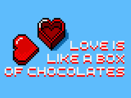 Love is like a box of chocolates retro pixel art style logo
