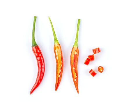 red chili pepper isolated on white background. top view
