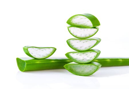Cut Aloe Vera leaves on white backgroundの写真素材