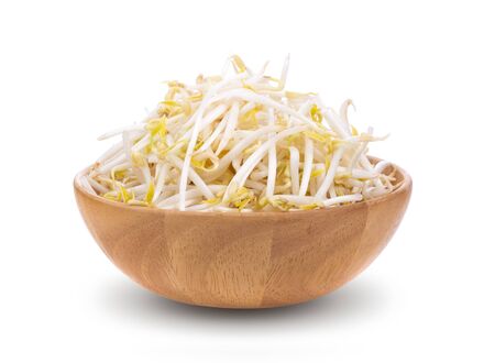 Bean sprouts in wood bowl isolated on white backgroundの写真素材