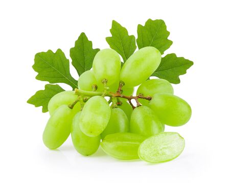 Green grape with leaf  isolated on white. Full depth of fieldの写真素材