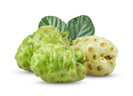 Noni fruit with leaf on white background. full depth of fieldの写真素材
