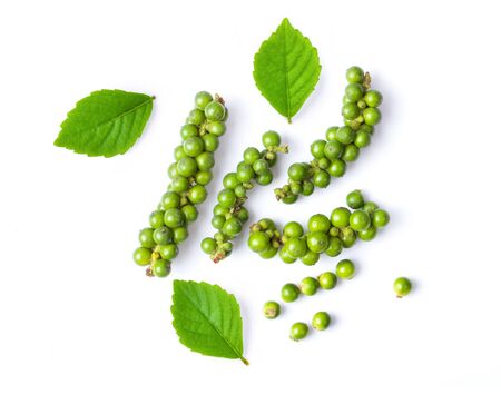 Fresh pepper corn with leaf  isolated on white background. top viewの写真素材