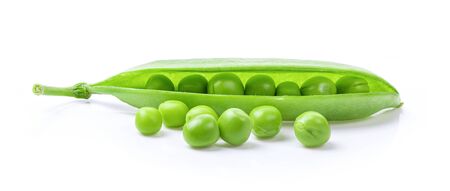 Fresh green pea pod with beans isolated on white backgroundの写真素材
