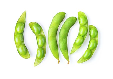 green soybeans on white background. top view