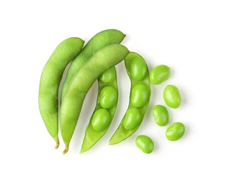 green soy beans isolated on white background. top viewの写真素材