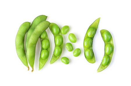 green soy beans isolated on white background. top viewの写真素材