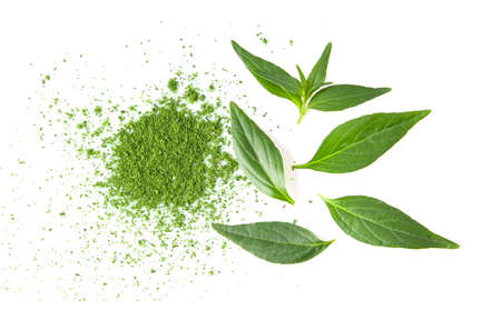 Green Kariyat herbal powder and leaf isolated on white background top view