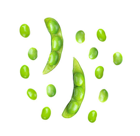 green soybeans on white background. top view