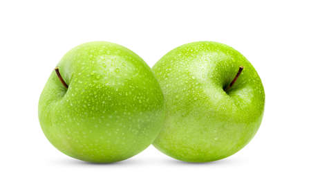 Perfect Fresh Green Apple Isolated on White Background with water drop in Full Depth of Fieldの写真素材