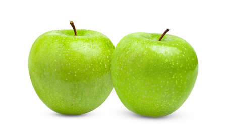 fresh green apple isolated on white background with water drop in full depth of fieldの写真素材