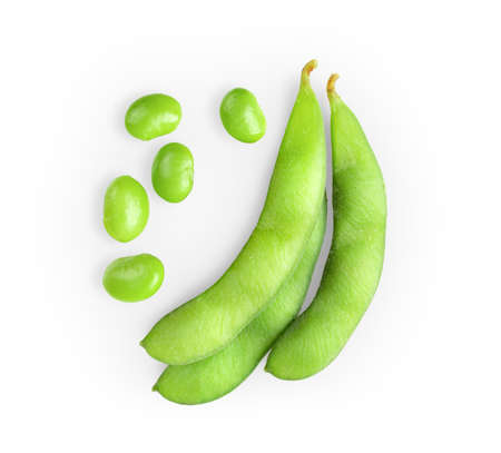 green soy beans isolated on white background. top viewの写真素材