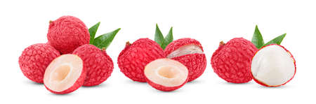 lychee tropical fruit with leaves isolated on white background.の写真素材