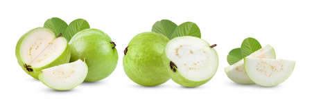 Guava fruit with leaf isolated on white backgroundの写真素材