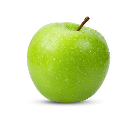 Fresh green apple isolated on white background with water dropの写真素材