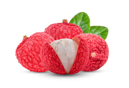 Lychee with leaves isolated on white backgroundの写真素材