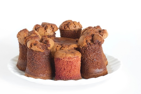 Dish of chocolate cake torontino on a white backgroundの写真素材