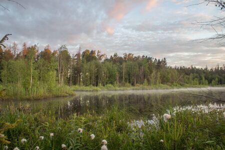 Steam over the water on Lake Yushinoの写真素材