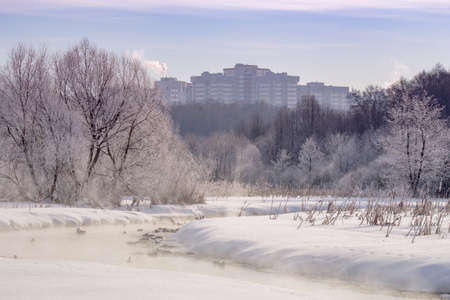 Winter Landscape frosty day on the river Pehorkaの写真素材
