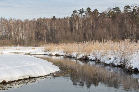 The winter landscape is a large frost on the Pekhorka river after a severe frostの写真素材