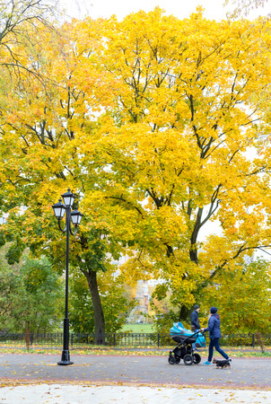 Balashikha, Russia - October 12 2017: People walk around the autumn city alleyのeditorial素材