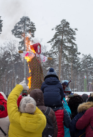 Balashikha, Moscow area. Russia - December 18, 2018: Farewell to Shrovetide and burning of an effigy on the square at the city parkのeditorial素材