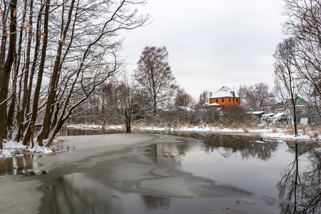 Balashikha, Moscow area, Russia - December 07, 2017: Cleaning of the Malashka river bed of silt, dirt and thicketsのeditorial素材