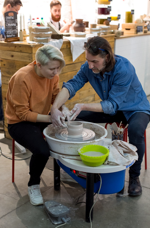 Moscow, Russia - April 08 2018: A master class on potter's craft at a ceramics festival 4Ceramics at the Flakon Design plantのeditorial素材