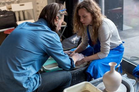 Moscow, Russia - April 08 2018: A master class on potter's craft at a ceramics festival 4Ceramics at the Flakon Design plantのeditorial素材
