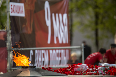 Balashikha, Moscow region, Russia - May 8, 2018: The word "Ð¡Ð¿Ð°ÑÐ¸Ð±Ð¾" made up of candles in memory of the lost wars of the Great Patriotic War of 1941-1945のeditorial素材