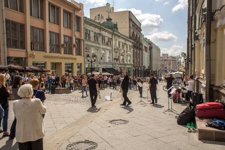 Moscow, Russia - July 11, 2018: Musicians of brass band on Kuznetsky Bridge in the hot summer afternoon in Moscowのeditorial素材