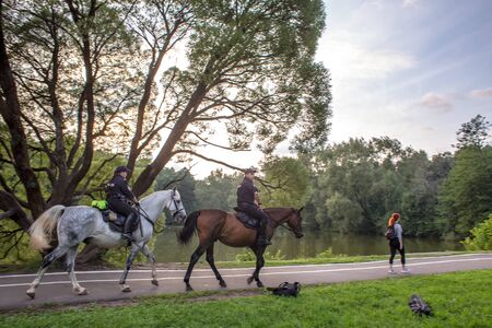 Moscow, Russia - July 21, 2018: Police horse patrol in the city Izmailovo parkのeditorial素材