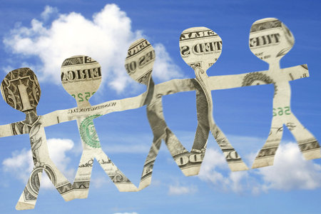 Paper people made of money with blue skyの写真素材