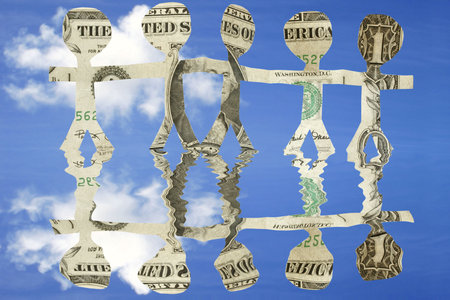 Paper people made of money with blue sky