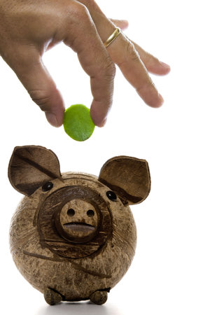Fingers depositing a green coin in a wooden piggy bankの写真素材