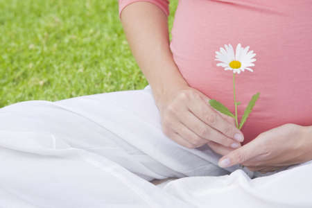 Close up of pregnant woman holding a daisy. Nice green background and shadow on the belly.の写真素材