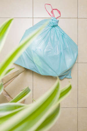 A green trash bag on the floor, seen through the leaves of a potplant.の写真素材