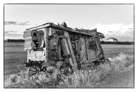 A vintage combine harvester in Northern Italyの写真素材