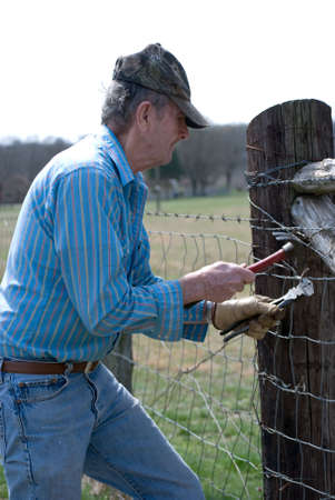 Older man repairing a  broken fence with a hammer and fence pliersの写真素材