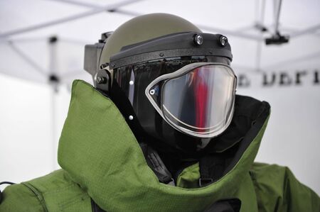 Helmet and faciel blast guard of EOD9 bomb suitの写真素材