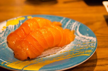 Two Salmon sushi on a plate.の写真素材