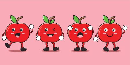 set of cute apple cartoon character vectorのイラスト素材