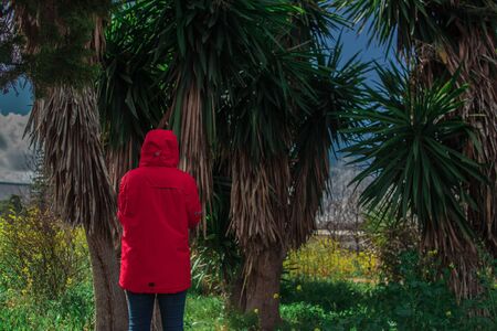 Young woman with red pea coat looking at some palm trees in the fieldの写真素材
