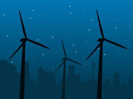 windmills at night on the city backgroundのイラスト素材